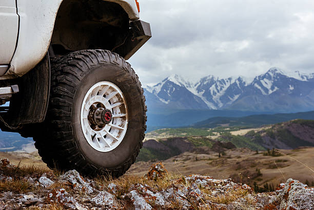 istock Big car wheel on background of mountains 596097886