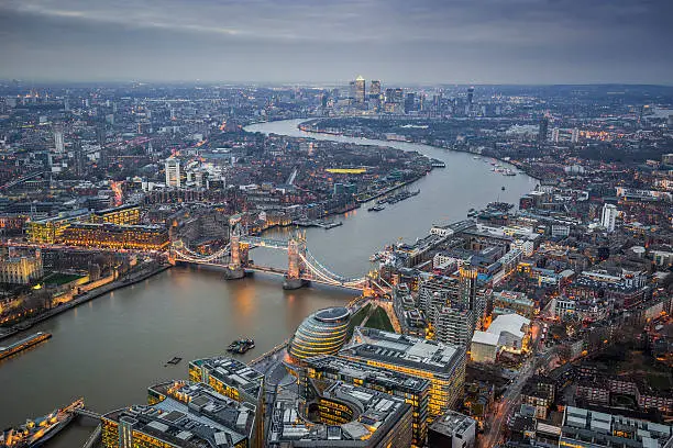 Photo of Aerial Skyline view of London with the iconic Tower Bridge