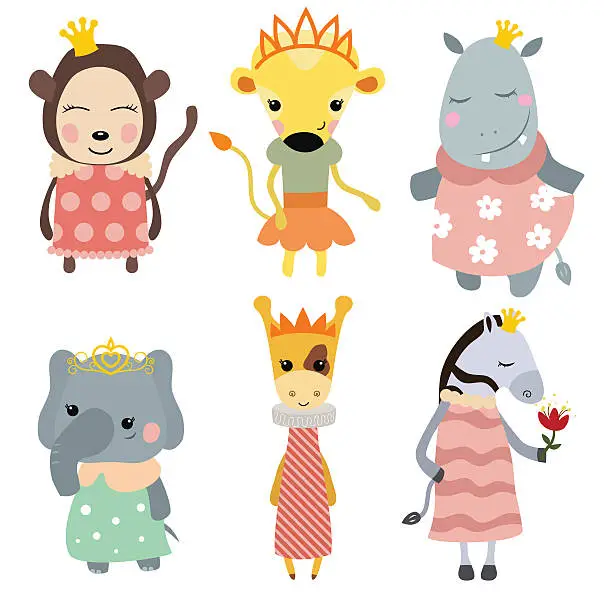 Vector illustration of Set of Princess animals.