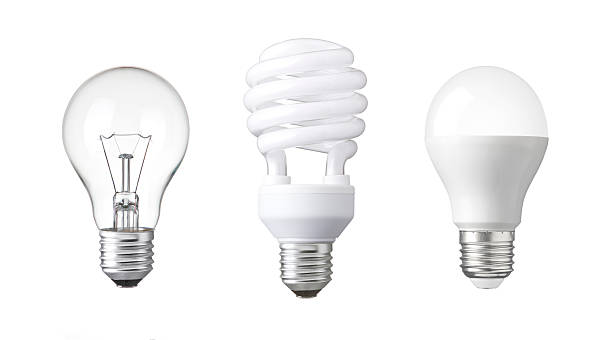 évolution de l’ampoule. ampoule de tungstène, ampoule fluorescente et ampoule led. - ampoule à basse consommation photos et images de collection