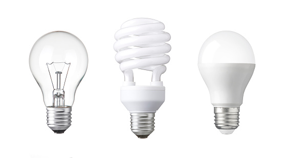 tungsten bulb, fluorescent bulb and LED bulb. revolution of three generation Light bulb. evolution of energy saver bulb - Realistic photo image