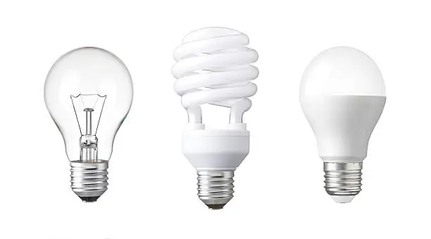 Photo of evolution of Light bulb. tungsten bulb, fluorescent bulb and LED bulb.