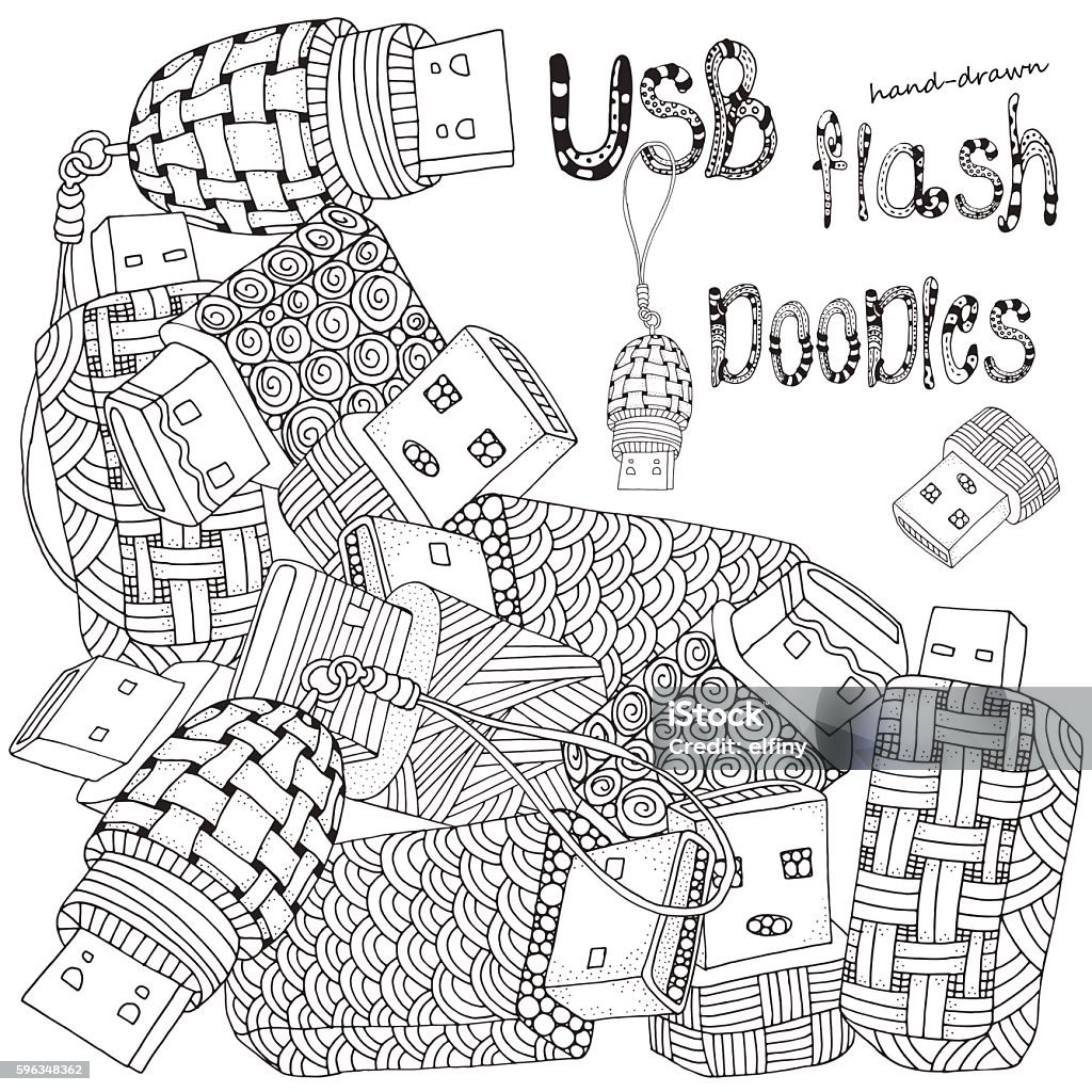 Vector USB Flash Drive on white background. Vector USB Flash Drive on white background. Usb flash disk in doodle style. Adult coloring book. Hand-drawn sketch. Adult stock vector
