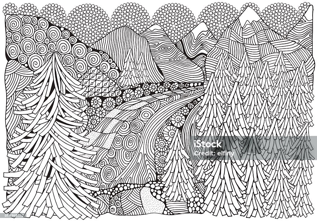 Norwegian fjords. Black and white abstract fantasy picture. Norwegian fjords. Black and white abstract fantasy picture. Fir trees, river and mountain views. Eco theme. Pattern for coloring book. Hand-drawn, ethnic, retro, doodle, vector,tribal Coloring Book Page - Illlustration Technique stock vector