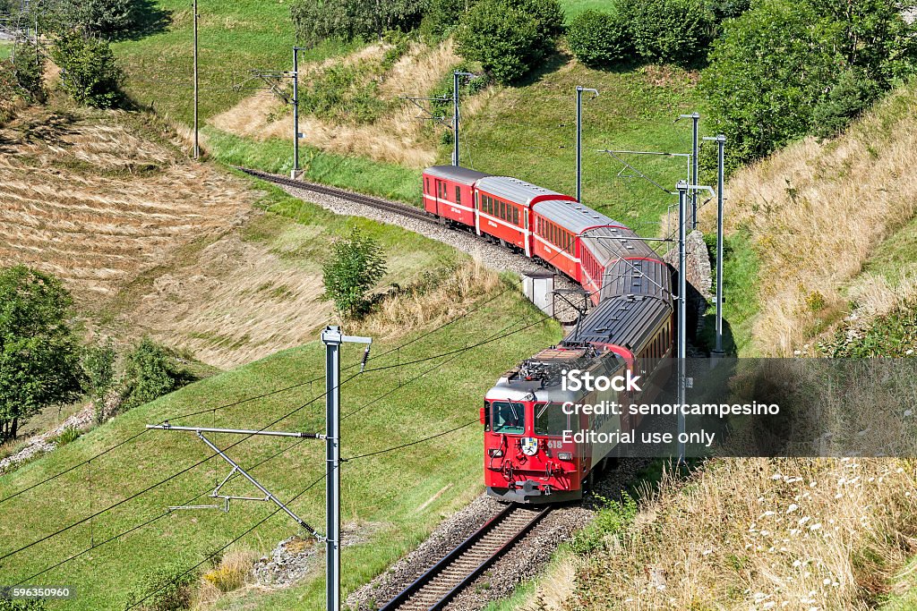 Rhaetian Railway Disentis, Switzerland - July 30, 2016: Rhaetian Railway in the Anterior Rhine Valley near Disentis/Mustér (Graubunden Canton, Switzerland). Cable Stock Photo