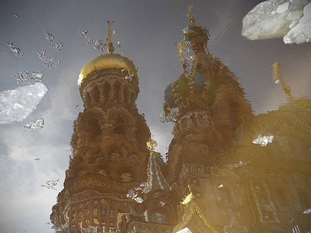 Colorful church in water reflection. Savior on Spilled Blood wit