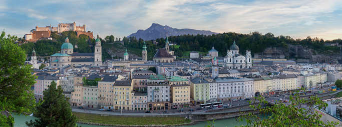 A Panorama of the historic city of salzburg in the blue hour.