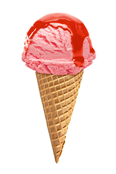 Strawberry ice cream with sauce in cone on white background