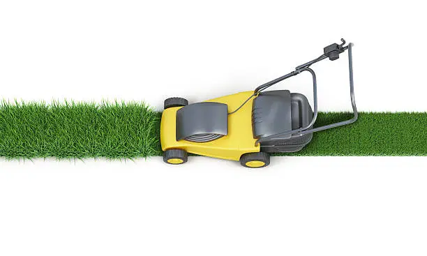 Photo of Lawn mower cutting grass isolated on white background. 3d render