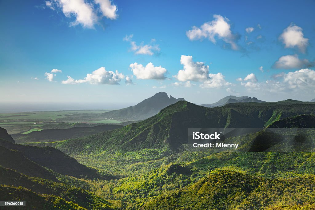 Black River Gorges National Park Mauritius Island View over tropical Mountain Range Black River Gorges National Park on Mauritius Island under blue summer sky. Gorges Viewpoint, Mauritius, Africa. Africa Stock Photo