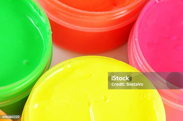 Childrens Colorful Finger Paints In Jars Stock Photo - Download Image Now - Art, Art And Craft, Colors