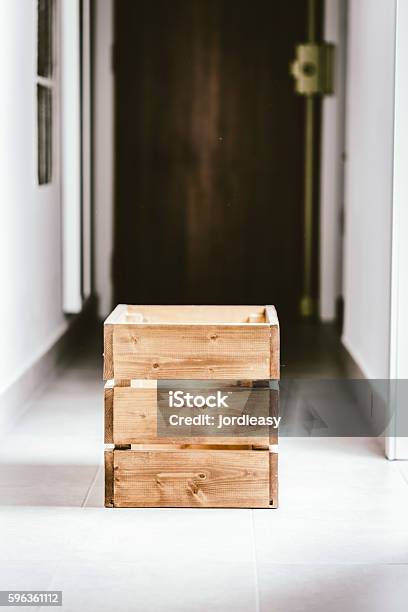 Wooden Container Box On A Dark Corridor Stock Photo - Download Image Now - Box - Container, Container, Corridor