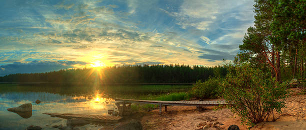 istock Sunset on shore of lake 596362756