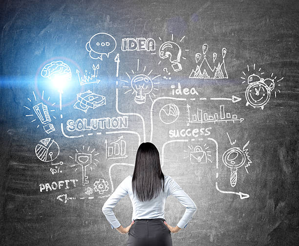 istock Businesswoman looking at business sketch 596363376