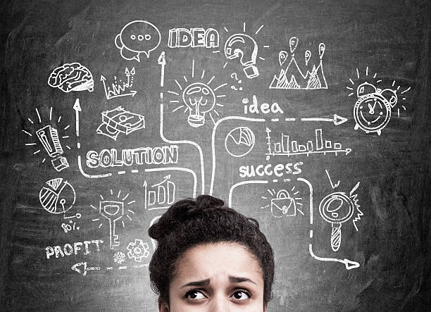 istock Confused woman with business sketch 596363714