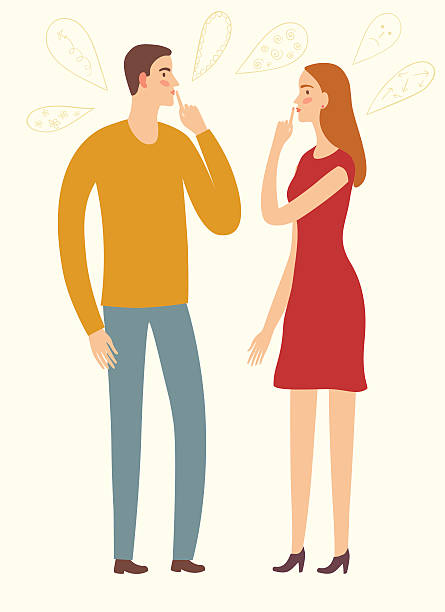 ilustrações de stock, clip art, desenhos animados e ícones de man and woman keeping secrets - gossip couple love concepts
