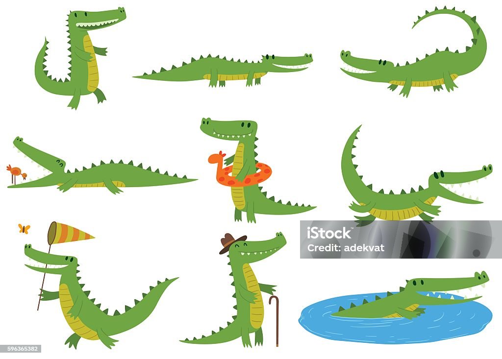 Crocodile character vector set. Cartoon crocodiles characters different green zoo animals. Cute crocodile character doodle animal with bath toy and white teeth. Happy predator crocodile character mascot comic color vector icon. Crocodile stock vector