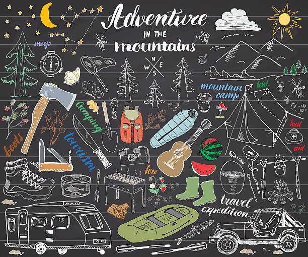 camping, wędrówki ręcznie rysowane szkic zestaw ilustracji wektorowej na tablicy - outline hiking woods forest stock illustrations