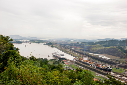 Panama, Panama - September 29, 2013: MSC Geneva Cargo Ship - Mediterranean Shipping Company Cargo Ship in Panama Canal - September 29, 2013