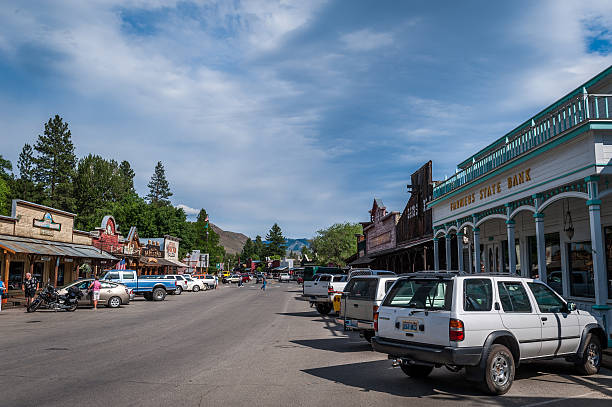 Winthrop Main Street with stores, people, cars, Washington State, stock photo