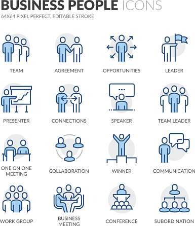 Simple Set of Business People Related Color Vector Line Icons. Contains such Icons as Business Meeting, Handshake, Agreement, One on One Meeting and more. Editable Stroke. 64x64 Pixel Perfect.