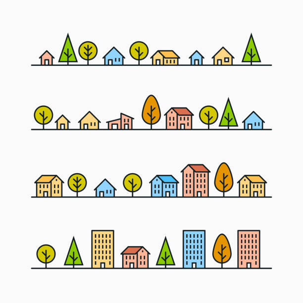Line buildings and trees in line, 4 different styles vector art illustration