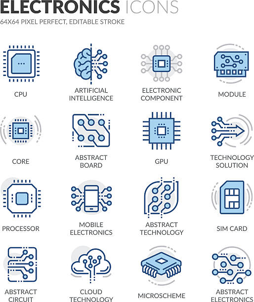 ilustrações, clipart, desenhos animados e ícones de ícones eletrônicos de linha - unidade de processamento central