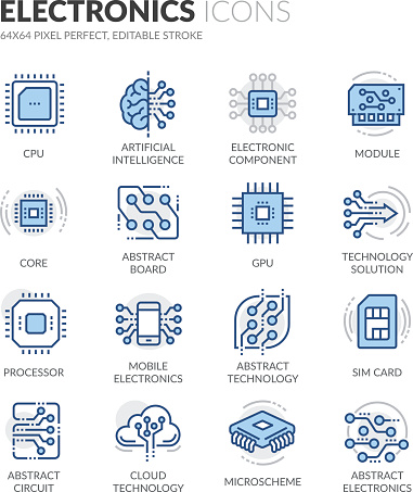 Simple Set of Electronics Related Color Vector Line Icons. Contains such Icons as CPU, Artificial Intelligence, Sim Card and more. Editable Stroke. 64x64 Pixel Perfect.