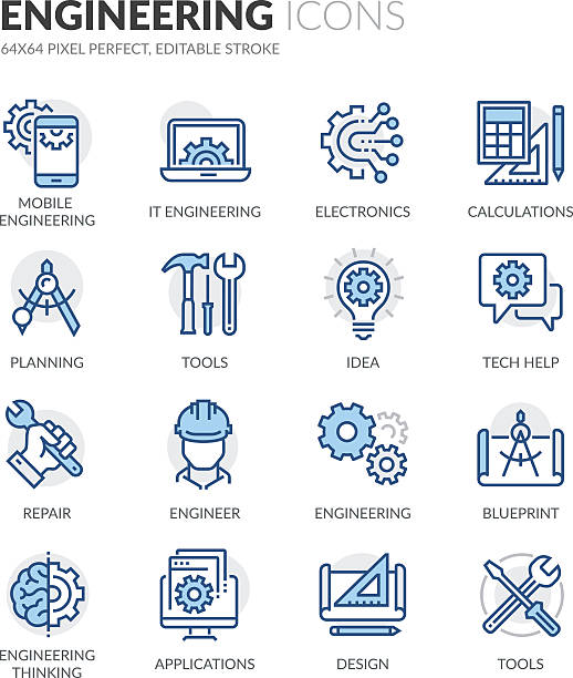 Line Engineering Icons Simple Set of Engineering Related Color Vector Line Icons. Contains such Icons as Calculations, Blueprint, Engineer, App Design and more. Editable Stroke. 64x64 Pixel Perfect. industry drawings stock illustrations