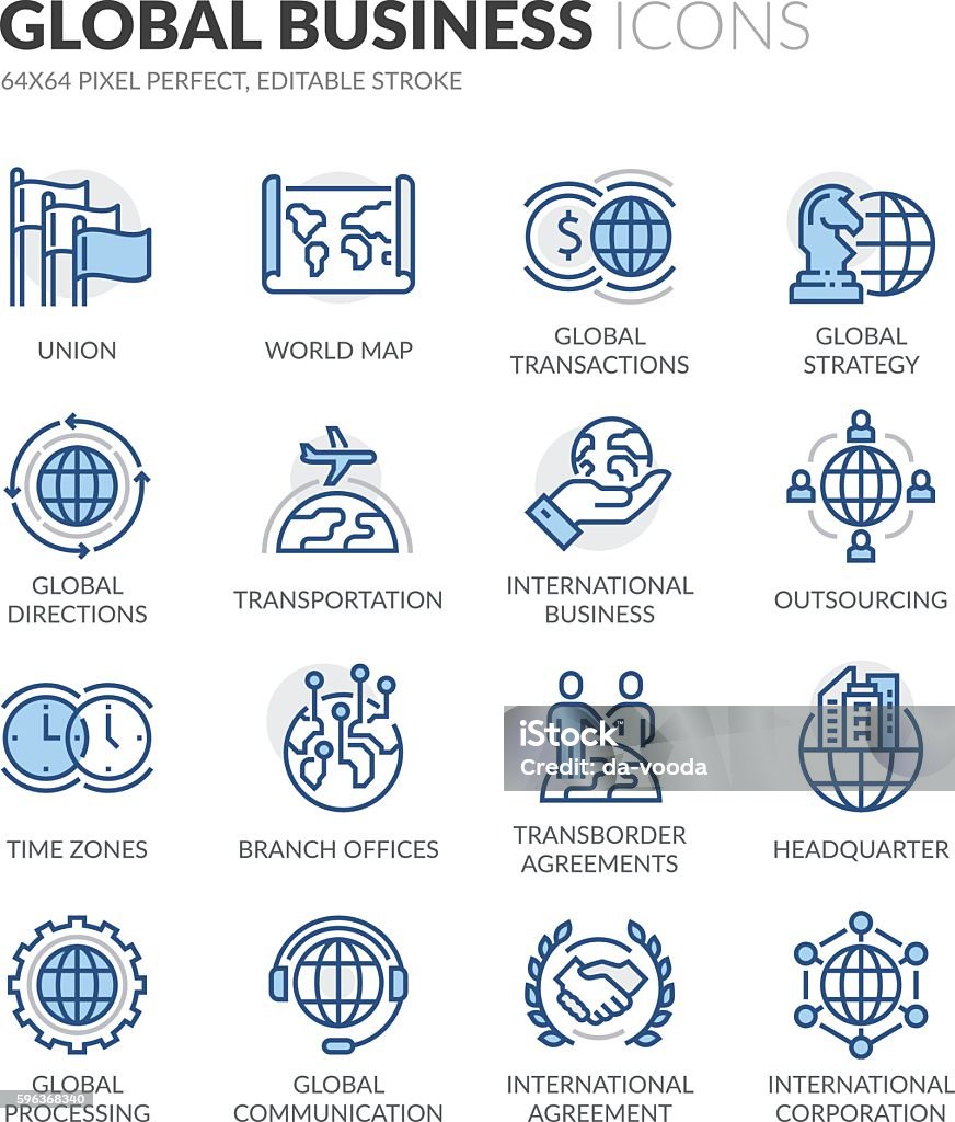 Line Global Business Icons Simple Set of Global Business Related Color Vector Line Icons. Contains such Icons as Global Strategy, Outsourcing, Agreements and more. Editable Stroke. 64x64 Pixel Perfect. Icon Symbol stock vector