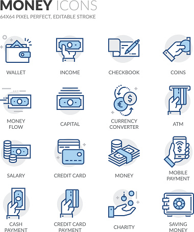Simple Set of Money Related Color Vector Line Icons. Contains such Icons as Wallet, Credit Card Payment, Money Flow and more. Editable Stroke. 64x64 Pixel Perfect.