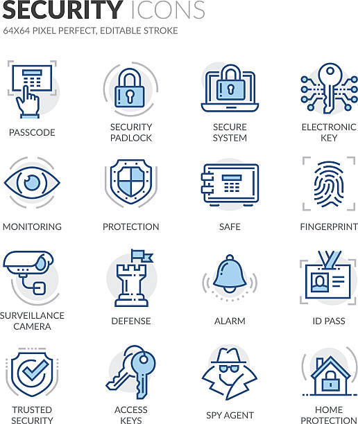 illustrazioni stock, clip art, cartoni animati e icone di tendenza di linea icone di sicurezza - key locking lock symbol