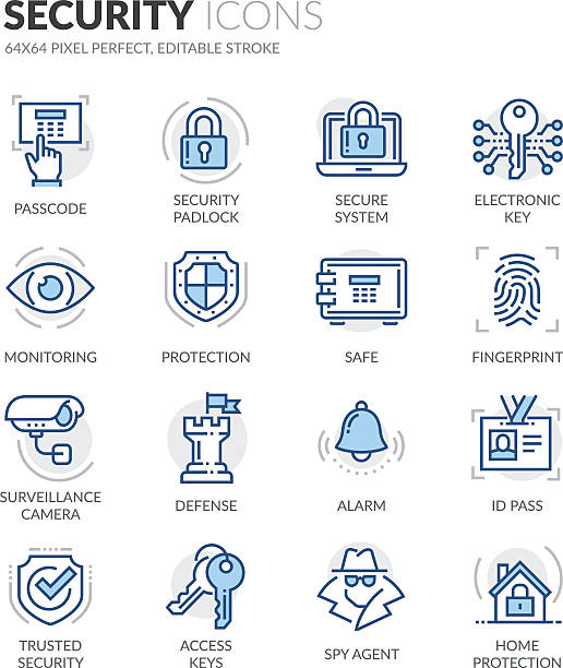 Line Security Icons Simple Set of Security Related Color Vector Line Icons. Contains such Icons as Surveillance Camera, Fingerprint, ID pass and more. Editable Stroke. 64x64 Pixel Perfect. security staff stock illustrations