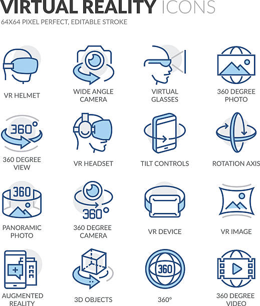 ilustraciones, imágenes clip art, dibujos animados e iconos de stock de iconos de realidad virtual de línea - bluetooth wlan symbol computer icon