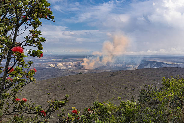 Kilauea Caldera Volcano on the Big Island Hawaii Kilauea Caldera Volcano on the Big Island Hawaii from the Jaggar Museum hawaii volcanoes national park photos stock pictures, royalty-free photos & images