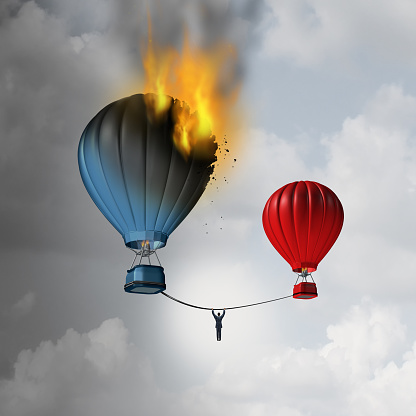 Escaping trouble and leaving a crisis as a businessman hanging from a rope trying to move away from a burning hot air balloon to a safer location as a business metaphor for managing an emergency disaster with 3D illustration elements.