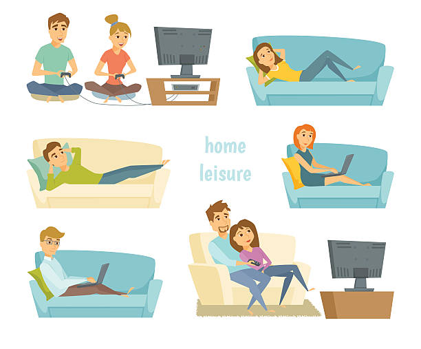 ilustrações de stock, clip art, desenhos animados e ícones de home leisure vector - gamer watching tv adult couple