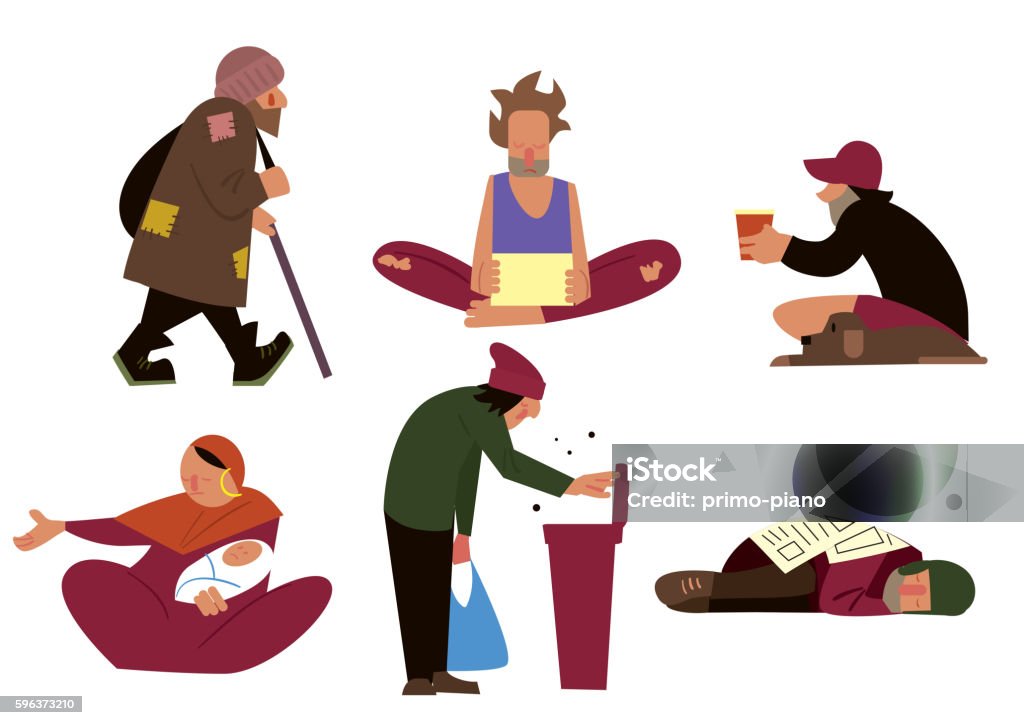 Homeless character set Homeless people, tramps, beggars and panhandlers characters isolated on white background vector illustration Adult stock vector