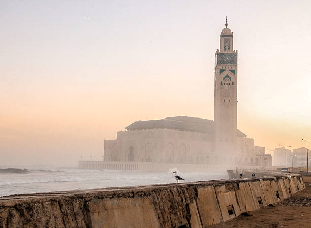 Casablanca, Morocco-September 21, 2013: A section from the tower of the Hassan II Mosque in Casablanca, visible through the fog.