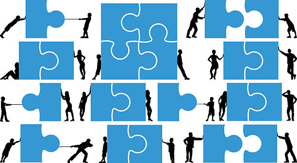 detailliertes puzzle-konzept - pushing pulling men silhouette stock-grafiken, -clipart, -cartoons und -symbole