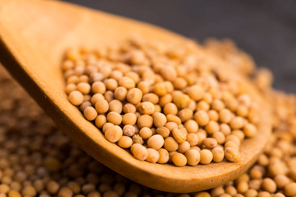 istock Spicy mustard seeds in a wooden background 596378566