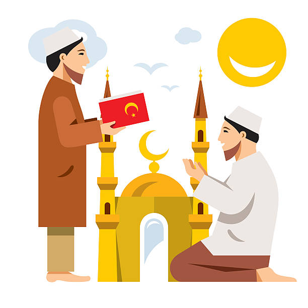 Vector Islam. Islamic Prayers. Flat style colorful Cartoon illustration. Imam with the Koran and a man on his knees. Isolated on a white background i love allah in arabic silhouettes stock illustrations