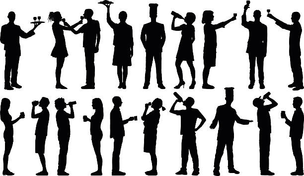 ilustraciones, imágenes clip art, dibujos animados e iconos de stock de bebedores detallados - toast party silhouette people