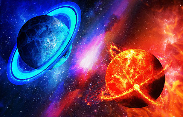 istock Cold and hot planet, opposition of planets. 596383826