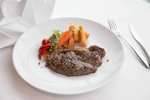 istock cooked rare sirloin steak  on a white plate 596384060