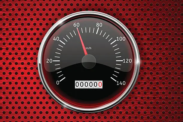Vector illustration of Speedometer on red perforated background. Allowed speed - sixty kmh