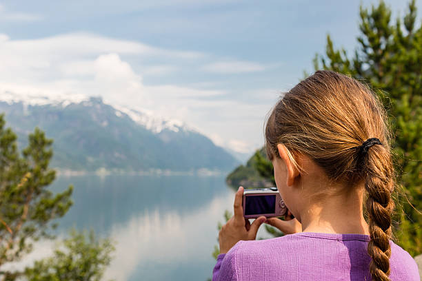 istock Girl taking photo with compact camera 596386716
