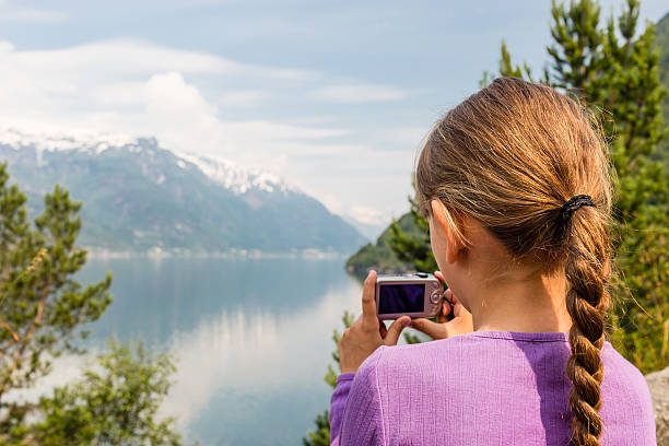 istock Girl taking photo with compact camera 596386792