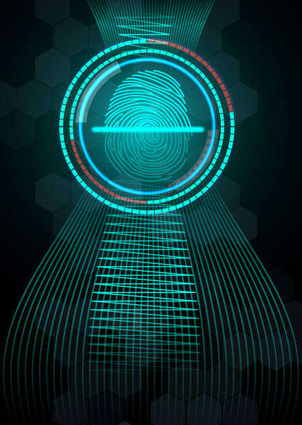 odcisk palca z abstrakcyjną technologią koncepcyjną - fingerprint blue human finger fingermark stock illustrations