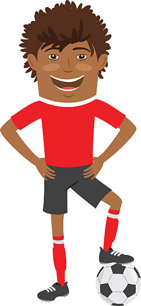 ilustraciones, imágenes clip art, dibujos animados e iconos de stock de divertido jugador de fútbol americano afroamericano con t-shir rojo - american football sports uniform football white background